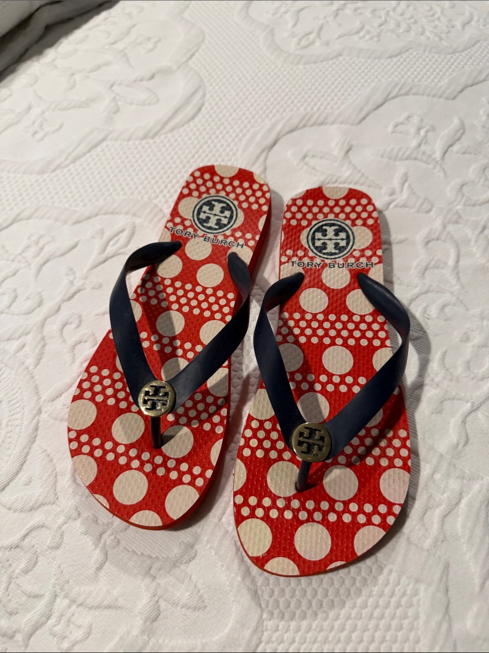Tory Burch Red Polka Dot Flip Flops with Navy Straps